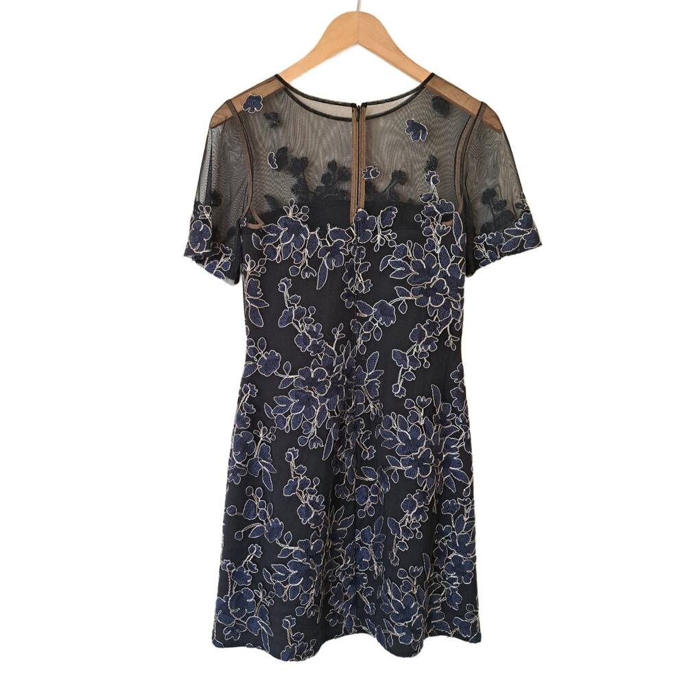 TADASHI SHOJI Cardea Embroidered Floral Tulle Cocktail Dress Size 6 Navy Gold - Picture 10 of 14